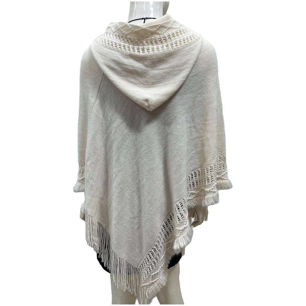 2023 Women's Solid Color Hooded Tassel Cutout Plus Size Slimming Cape Shawl