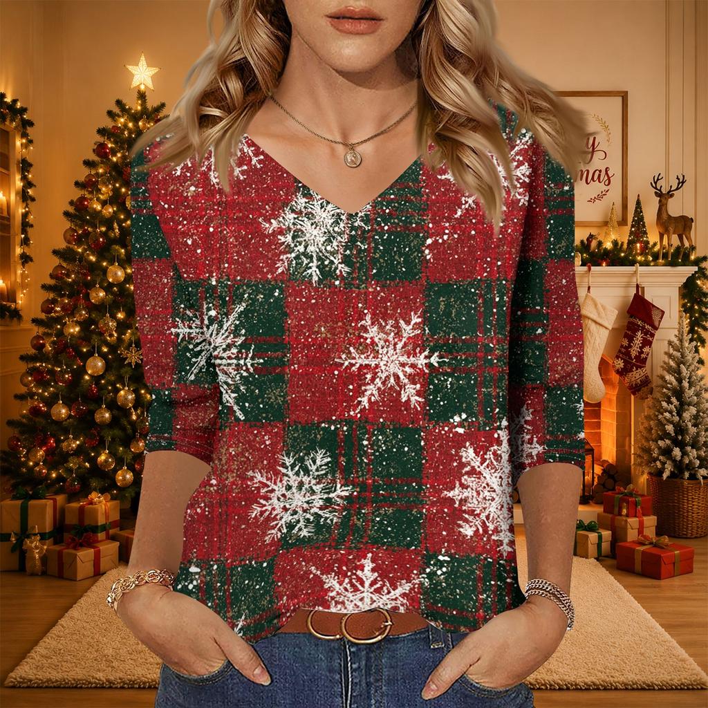 Women's Christmas Print V-Neck 3/4 Sleeve Loose Fit Casual Blouse Shirt Top