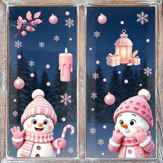 Party Atmosphere Wall Decorations Christmas Snowman Static Glass Stickers, Decorative Pink Decals, Waterproof PVC Creative Gift for Friends