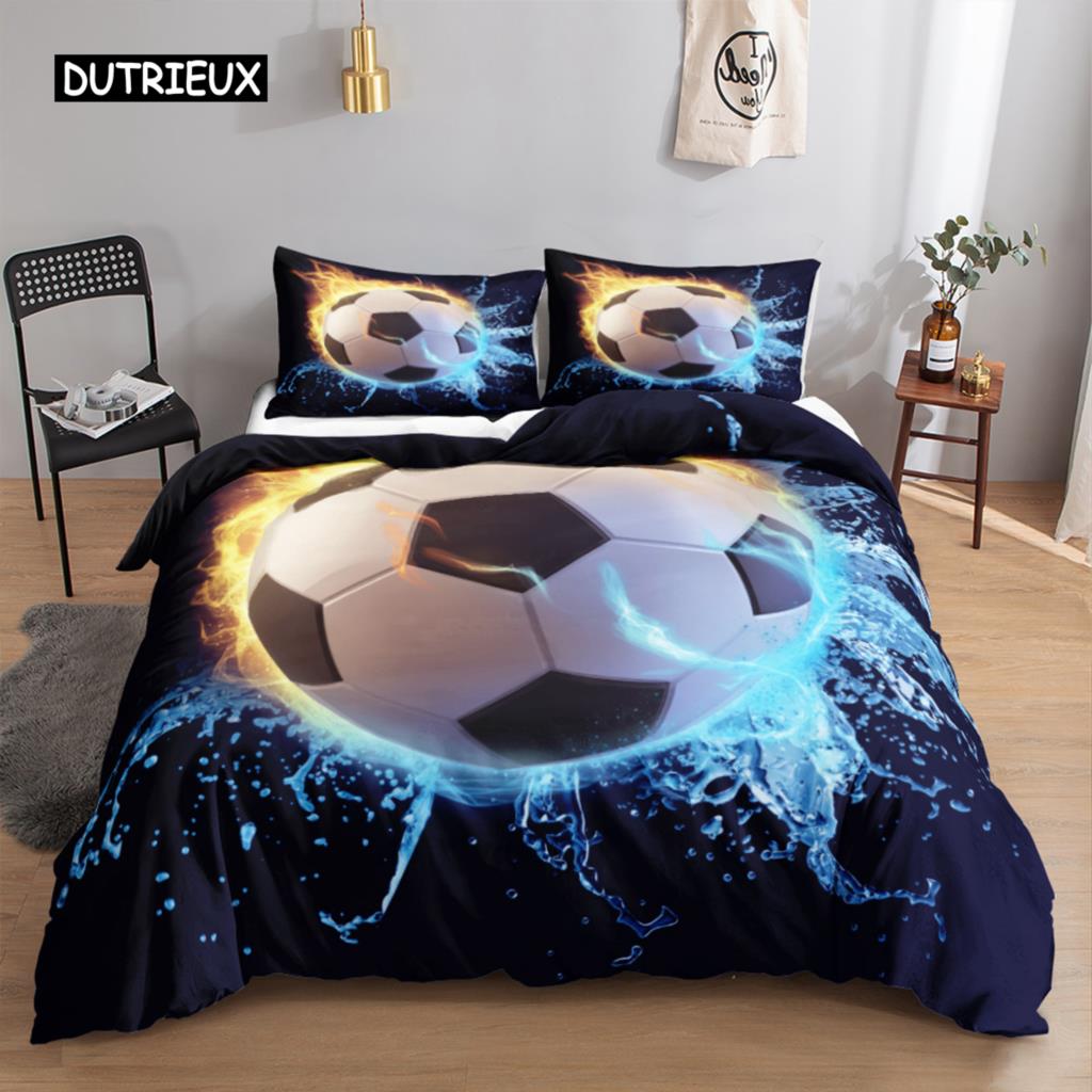 Football Duvet Cover Set 3D Football with Fire Teen Bedding Sets Boys Sports Twin Double Queen King Size Polyester Qulit Cover