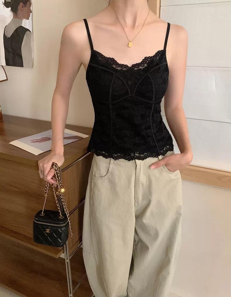 Herbst/Winter Französische Spitze Mit Stäbchen Verstärkte Rückseite Camisole - Warmes, Sexy Girly Basisschicht Top