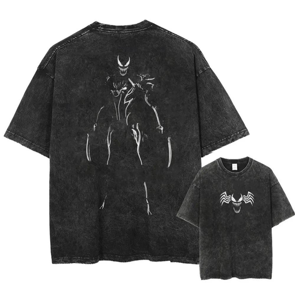 Spider-Man and Venom Printed T-shirt Washed Oversized Y2k Fashion Casual Neutral Short Sleeve Washed Retro Loose T-shirt