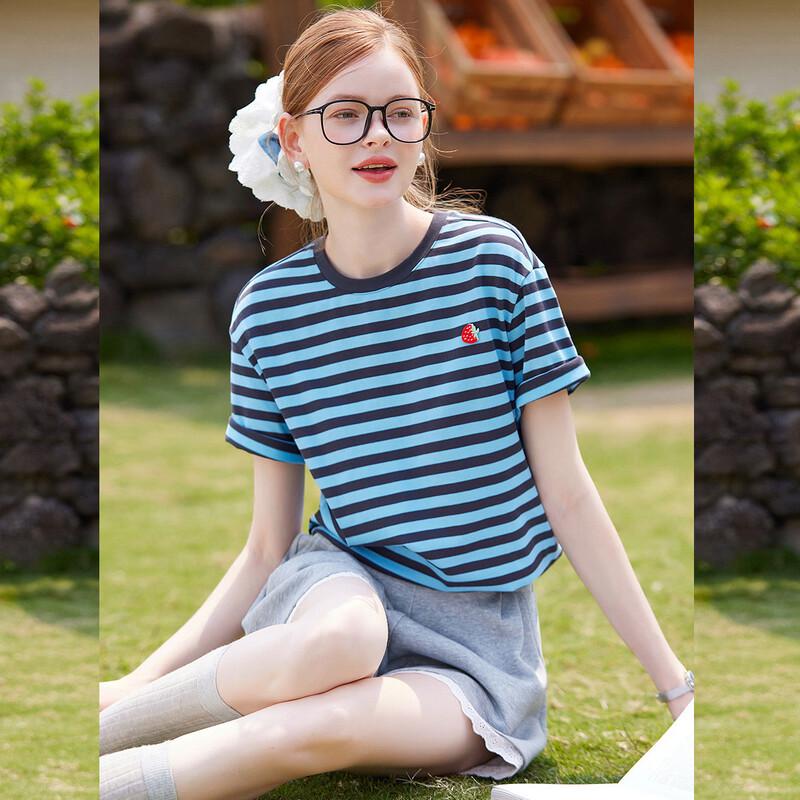 Women s Retro Striped Strawberry Embroidered T-shirt S