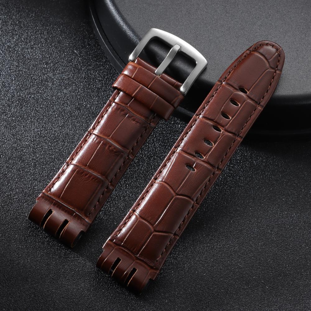 Matte Genuine Cowhide Watch Band for Swatch YOS440 449 401 447 Bamboo Embossed Leather Watch Strap for Men Business Wristband
