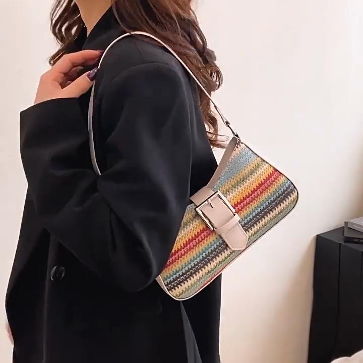 Fashion PU Leather Woven Underarm Bag Women's New Strip Design Shoulder Bag High-end Niche Trend Hobo Bag CLE