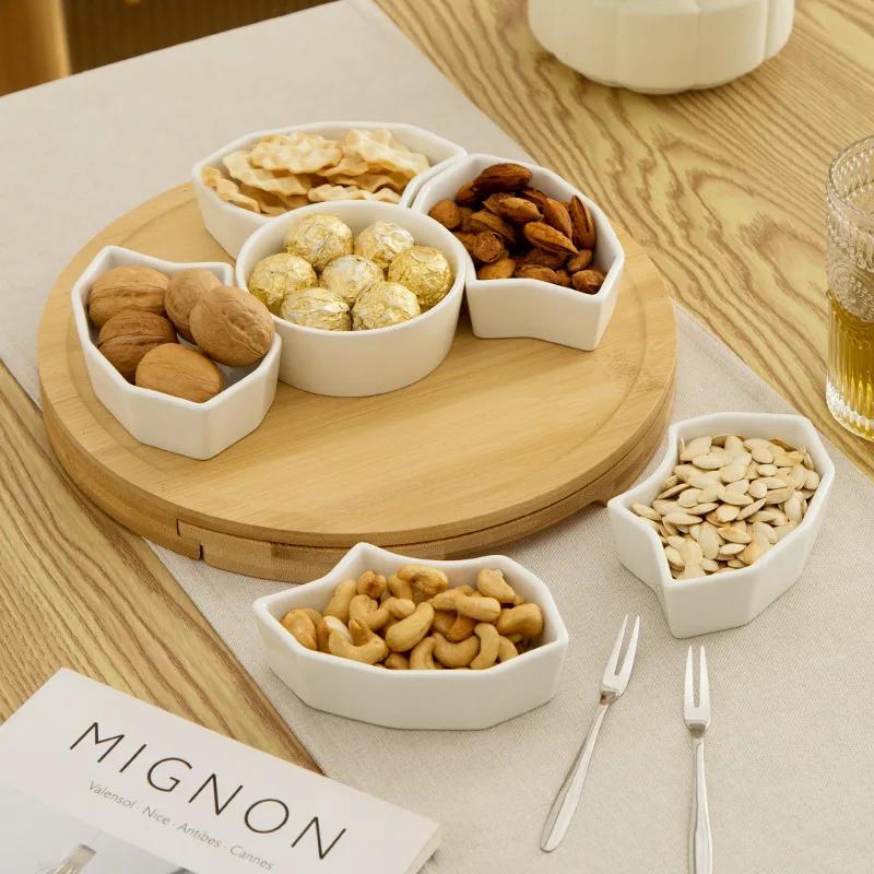 Cutie extrasă cu nuci, suport pentru bol în stil chinezesc, suport împărțit din bambus, bol ceramică pentru gustări, cutie de depozitare pentru vesela pentru bucătărie