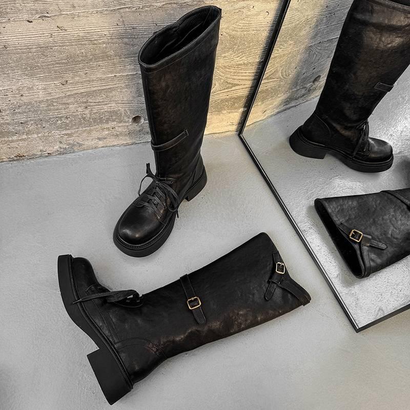 

Осенне-зимние женские кожаные рыцарские сапоги большого размера кожаные сапоги универсальные на толстой подошве нескользящие из коровьей кожи высокие сапоги новые сапоги на среднем каблуке 40 чёрный