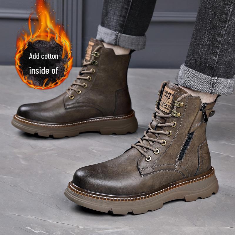 Men's Genuine Leather Mid-Cut Martin Boots - Trendy, All-Match, High-Top with Velvet Lining for Autumn and Winter