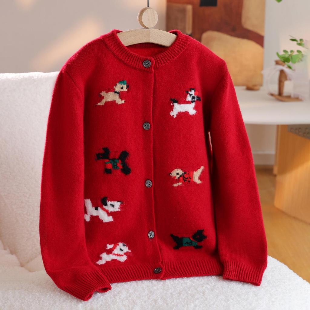 Kinder-Cardigan aus 100% reiner Wolle, gestrickt, mit Cartoon-Motiv, koreanischer Stil, Rundhals-Pullover für Jungen und Mädchen