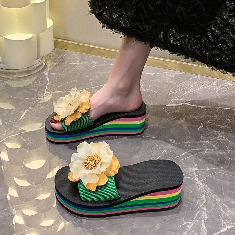 Fairy flower high-heeled one-word slippers 2025 summer wear fashion with skirt thick-bottomed slope heel beach cool slippers