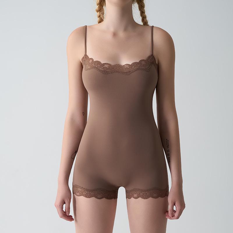 European & American Sexy Lace Slim Jumpsuit with Adjustable Straps, Breathable Nude Boxer Crotch, and Hip-Lifting Design