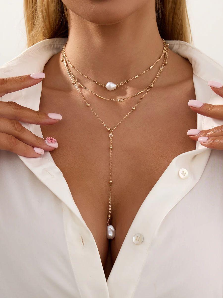 

Ingemark 3Pcs/Set Trendy Simple Imitation Pearl Pendant Choker Necklace Women Sexy Exquisite Gold Color Long Chain Jewelry Gifts