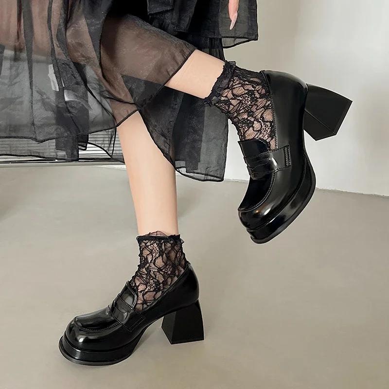Vintage Patent Leather Platform Women Jk Pumps Shoes Fashion Shallow Slip On Shoes 2025 Spring Autumn Thick Heel Shoes