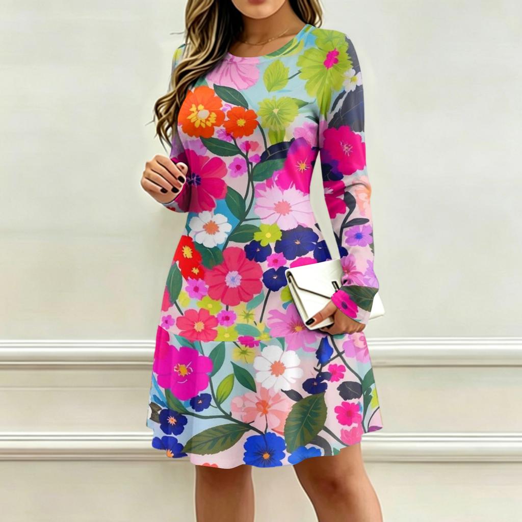 Women's V-Neck Long Sleeve Floral Print Dress with Pockets for Casual Wear