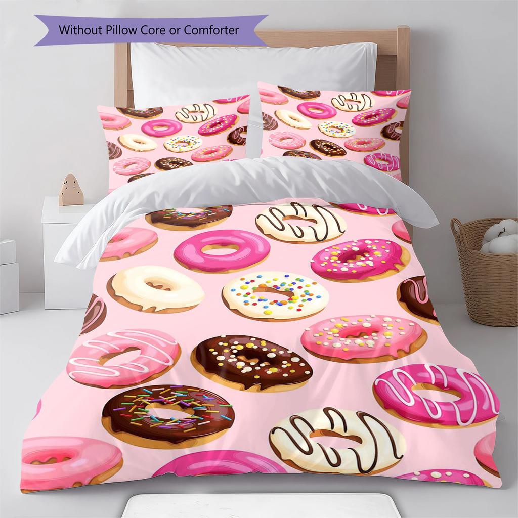 Pościel z wzorem kreskówkowych pączków Zestaw kołdry Poszewka na kołdrę Poszewka na poduszkę Dekoracja domu Prezent (1 * poszwa na kołdrę + 2 * poszewki na poduszki, bez rdzenia)