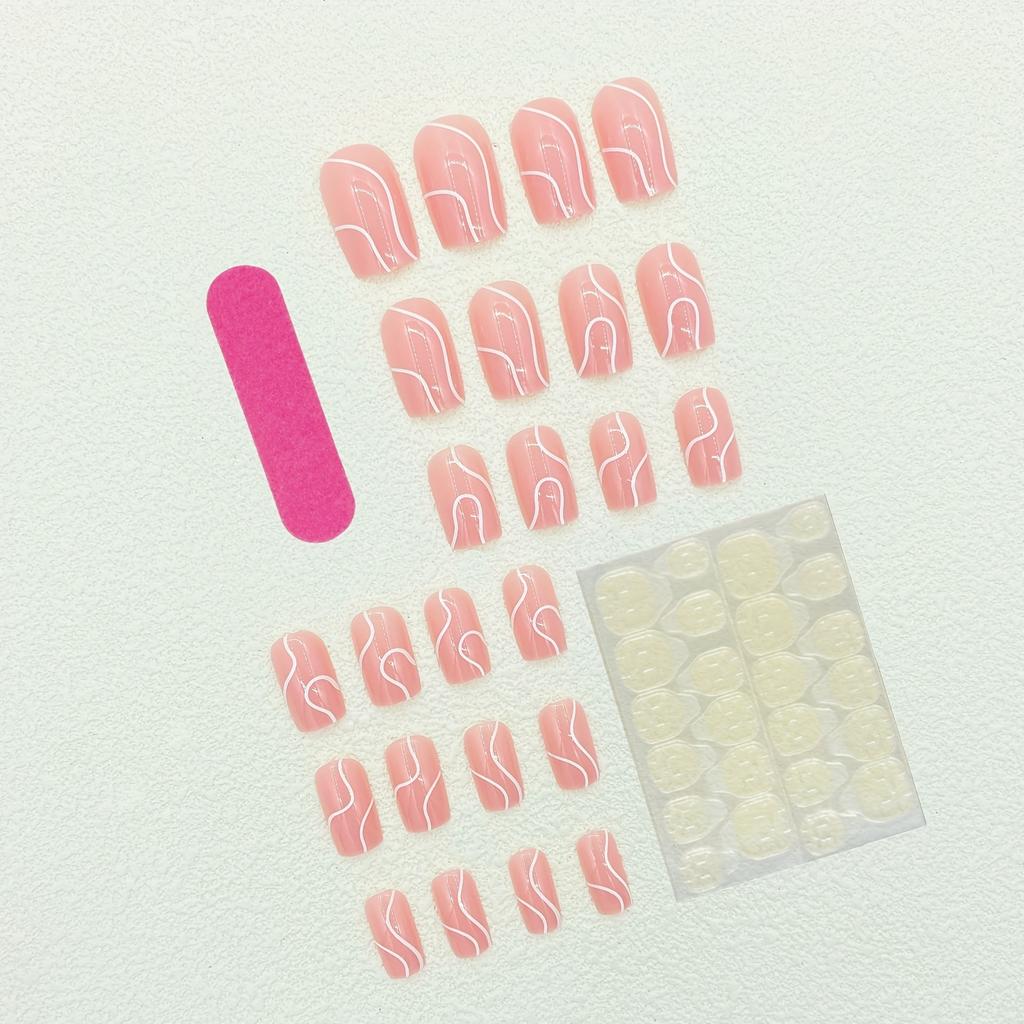 24pcs Square Line Press-on Nails with Jelly Glue and 1 Applicator Stick