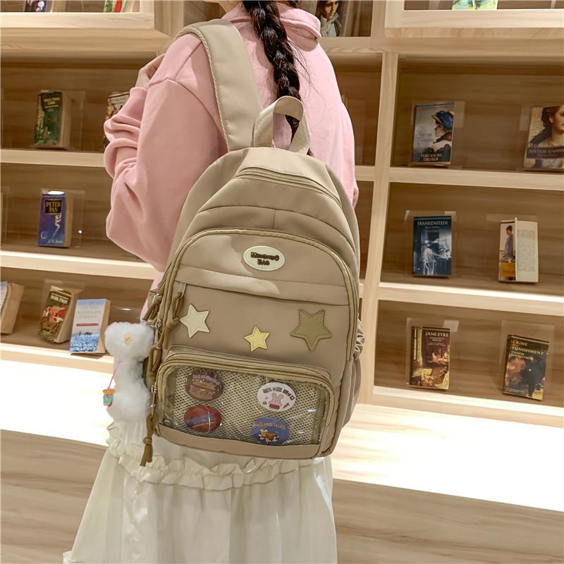 Ins Transparent Badge Casual Backpack Large Capacity Versatile College Style Middle School Student Schoolbag, Cute Commuter Backpack
