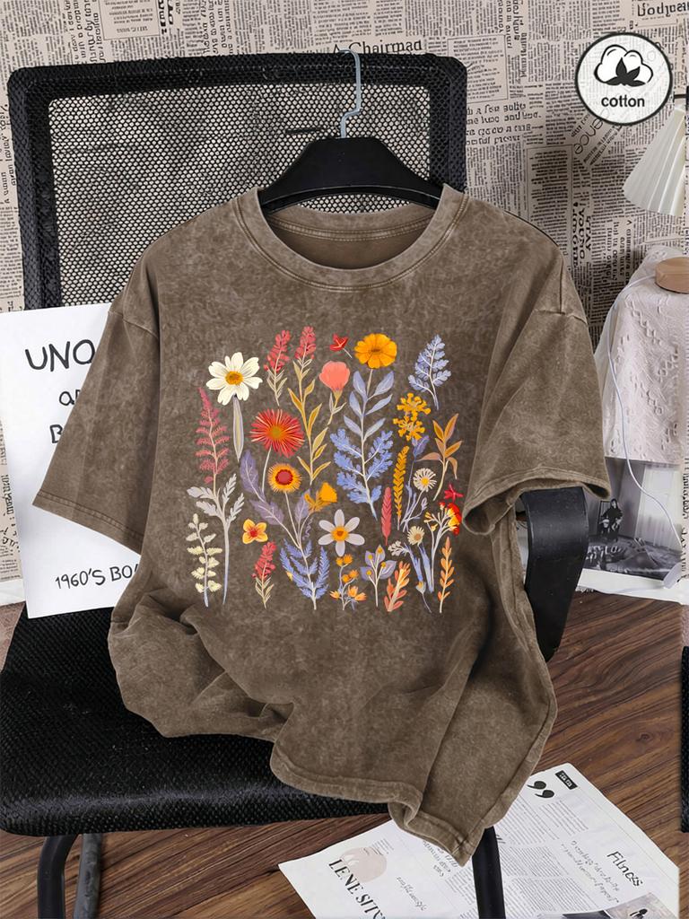 Beautiful Flowers And Ferns Prints Washed TShirts Women Cotton Oversized T Shirt Summer Short Sleeve Tops Casual ONeck Clothes