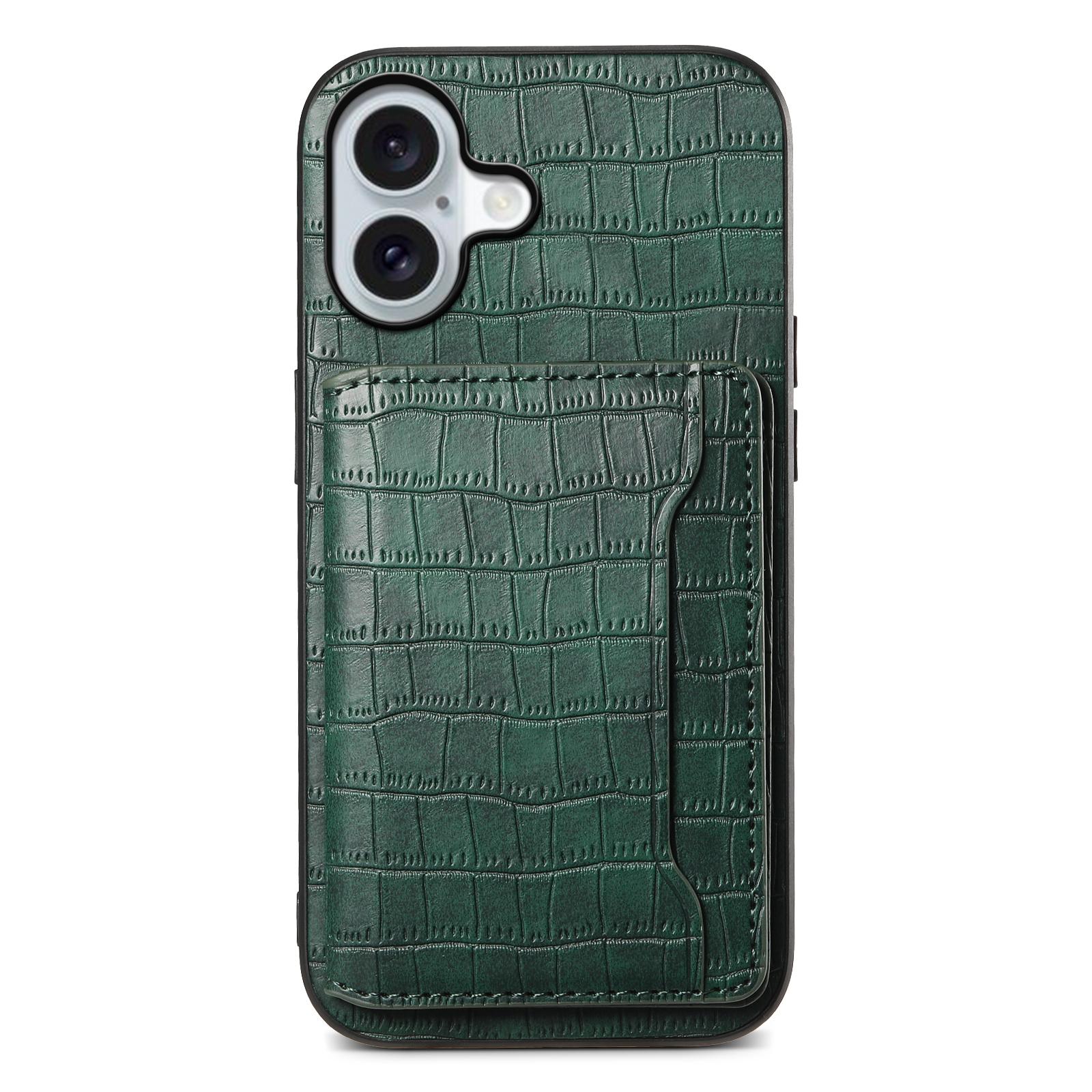 

For iPhone 17 Case Card Holder Kickstand Crocodile Texture Leather Back Phone Cover Green