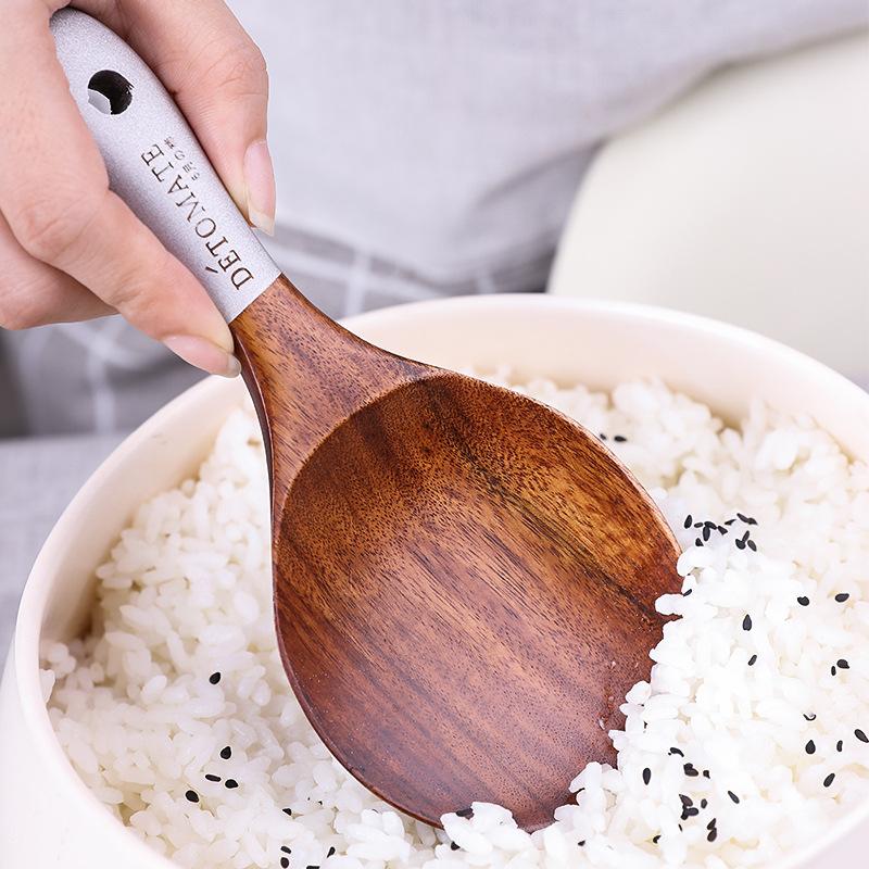 Teak Wood Soup Spoon Set, Creative Simple Cooking Spatula, Pearl Handle Kitchen Utensils Unfinished 3-Piece