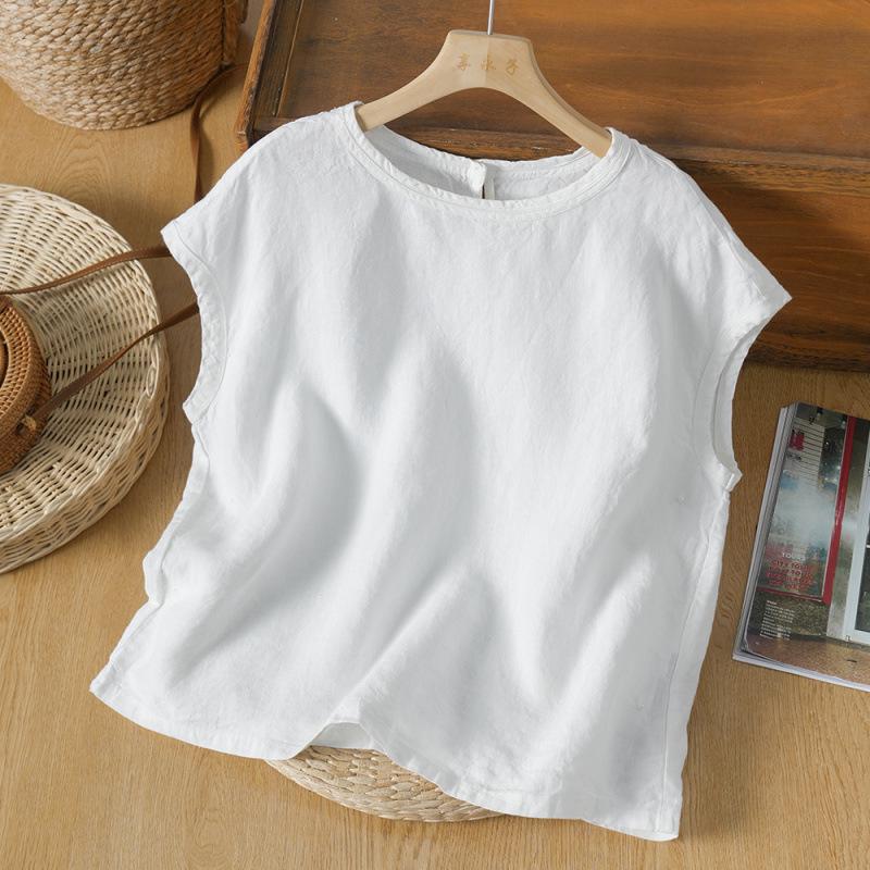 2026 Summer New Arrival: Retro Artistic Plus Size Cotton Linen Short Sleeve Loose Top Medium белый