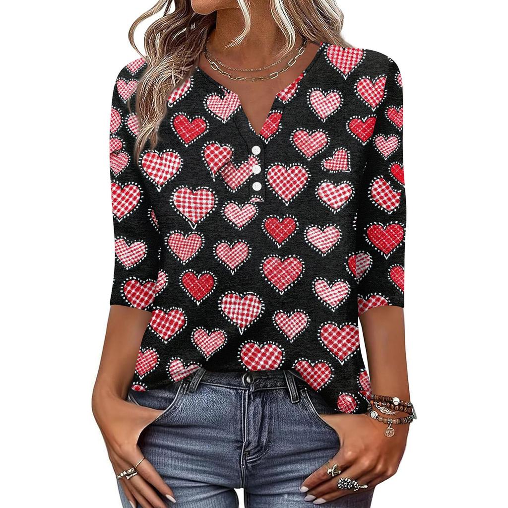 Camiseta feminina estampada com botões, manga 3/4, moda diária, de fim de semana, básica, decote em V, top regular