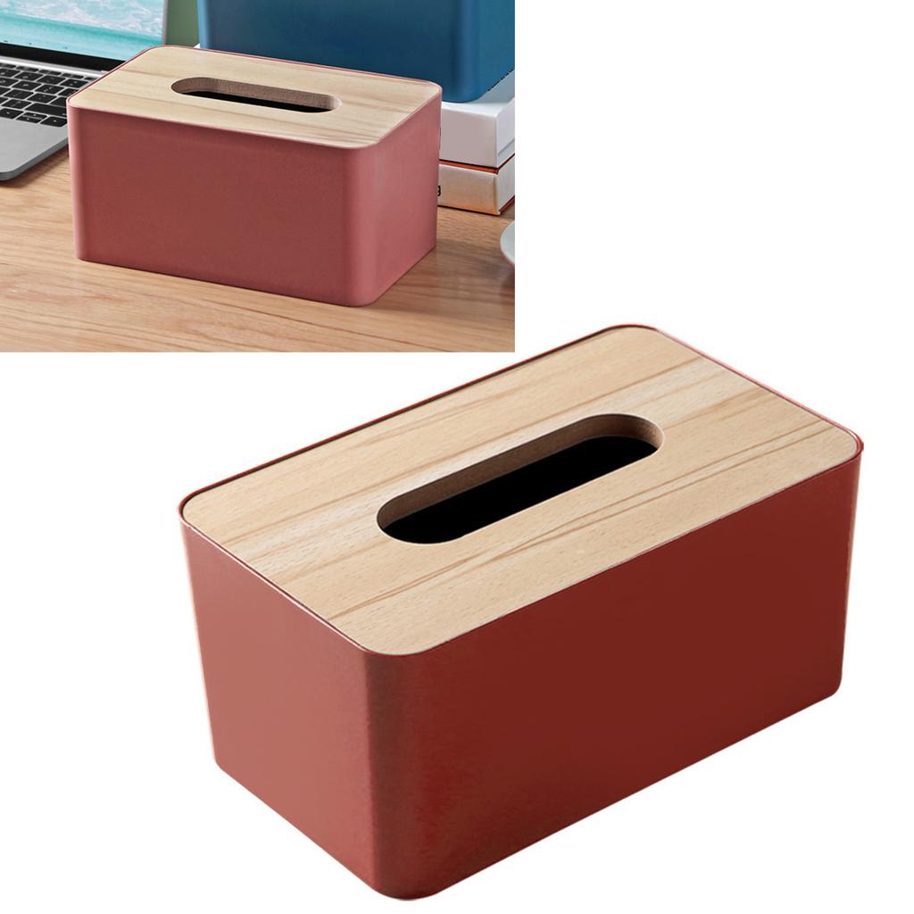 Desktop Tissue Box Rectangular Plastic Tissue   Box Cover with Wooden Lid for Home