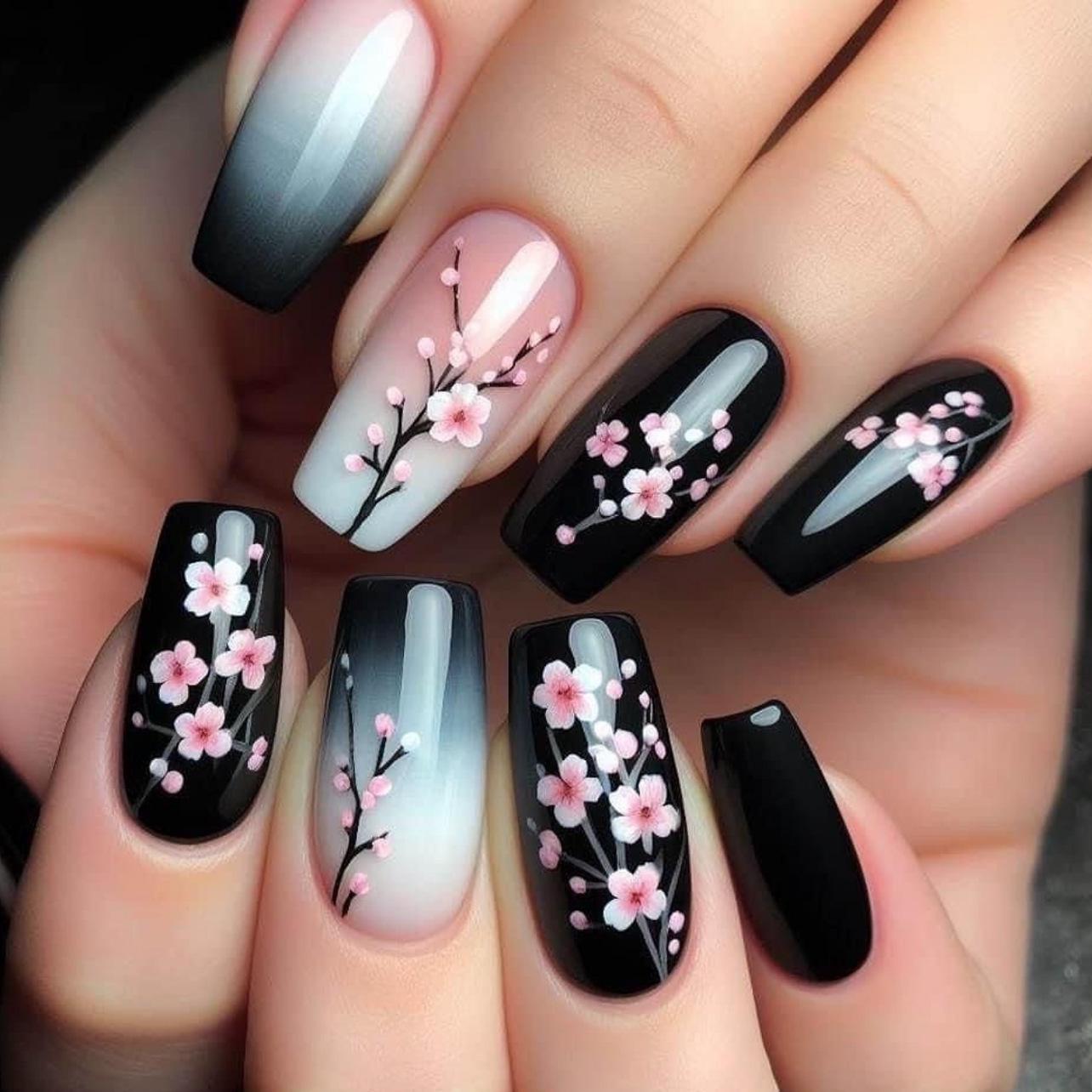 

Chinese Plum Blossom Black Gradient Short Ballet Detachable Nail Pieces