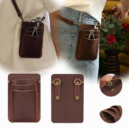 TOURBON Gardening Pouch, Pruning Shears Pouch, Leather Scissor Case Bag, Gardening, Florist, Waist Pouch, with Shoulder Strap (Dark Brown)