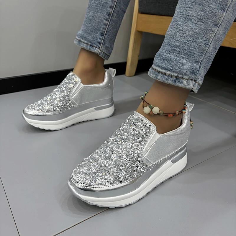 Fashion 2024 Spring and Autumn Women's Loafers Silver Sneakers Rhinestone Platform Shoes Inner Heightening Sneakers Zapatos De Mujer