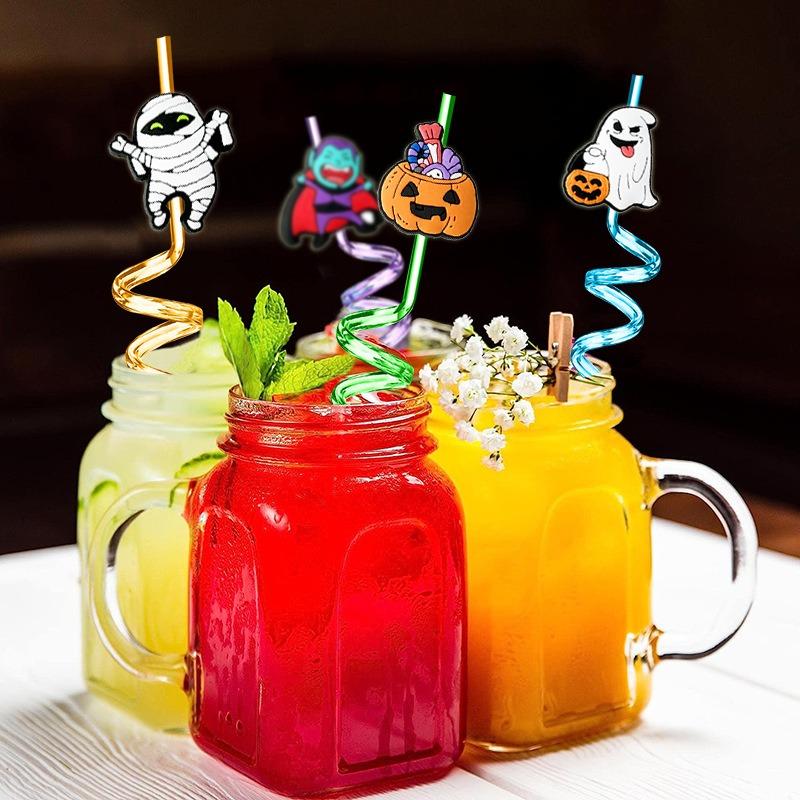 8pcs 27cm Plastic Halloween Straw Reusable Miner Plastic Spiral Drinking Straws Kids Birthday Party Decorations Juice Straws