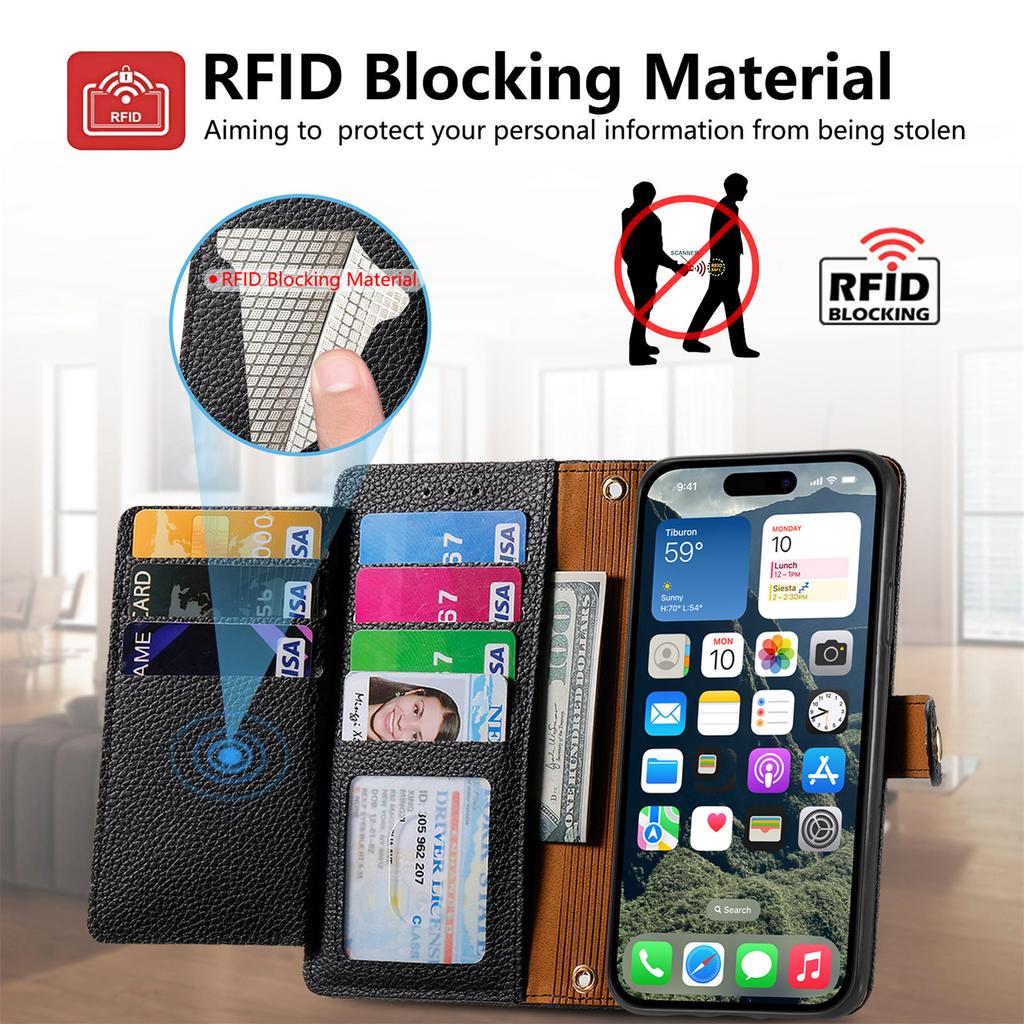 Etui na iPhone'a 17 z blokadą RFID, kieszonką na zamek błyskawiczny, skórzanym portfelem, pokrowcem na telefon z paskiem