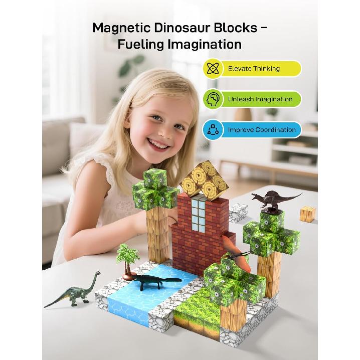 108PCS Magnetic Building Blocks with 6 Dinosaur Toys for Kids 3-5,Toddler World Magnetic Cubes ,STEM Toys for 4-8 5-7 Year Old Boys Girls,Sensory