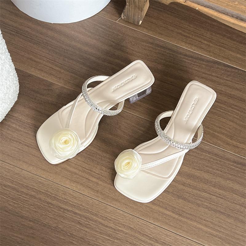 French Thick-heeled Sandals for Women To Wear In Summer, Paired with Skirts, Rhinestone Fairy High Heels and Flip-flops