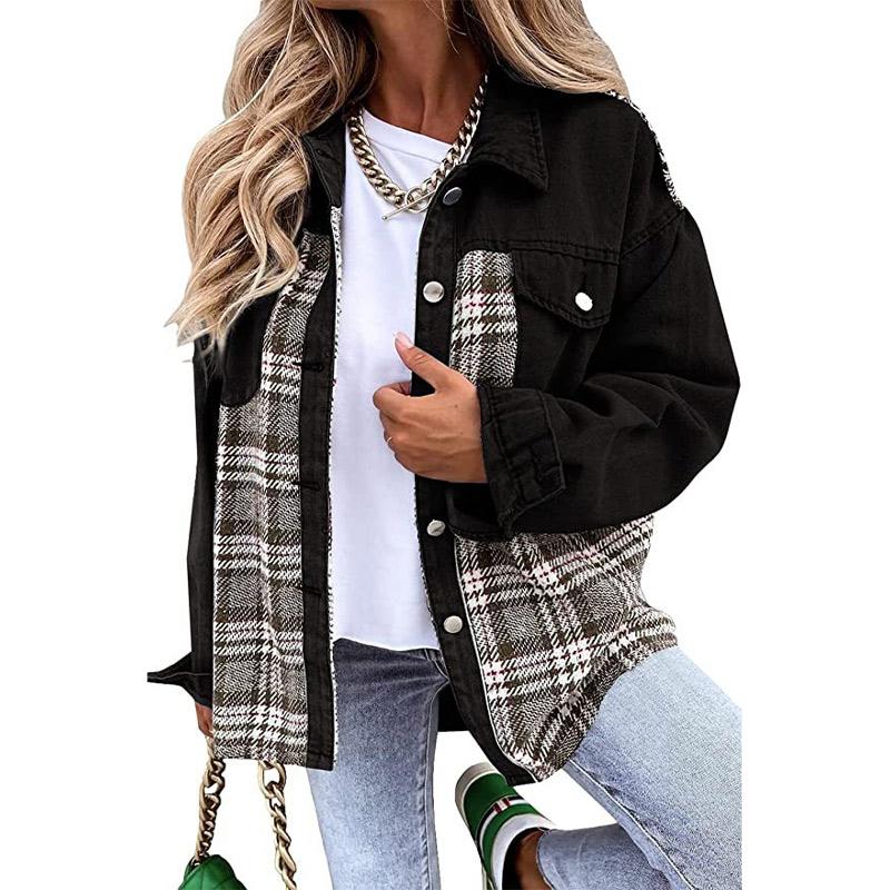Denim Jacket Checkered Button Up Shirt Jacket Women's Patchwork Jacket Warm Comfortable Commuter Long Sleeved Shirt Autumn Winter