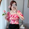 WTEMPO Brand Summer Women's Square Neck Short-sleeved Collar Exposed Collarbone Floral Shirt Design Niche Back Hollow Straps Short Tops