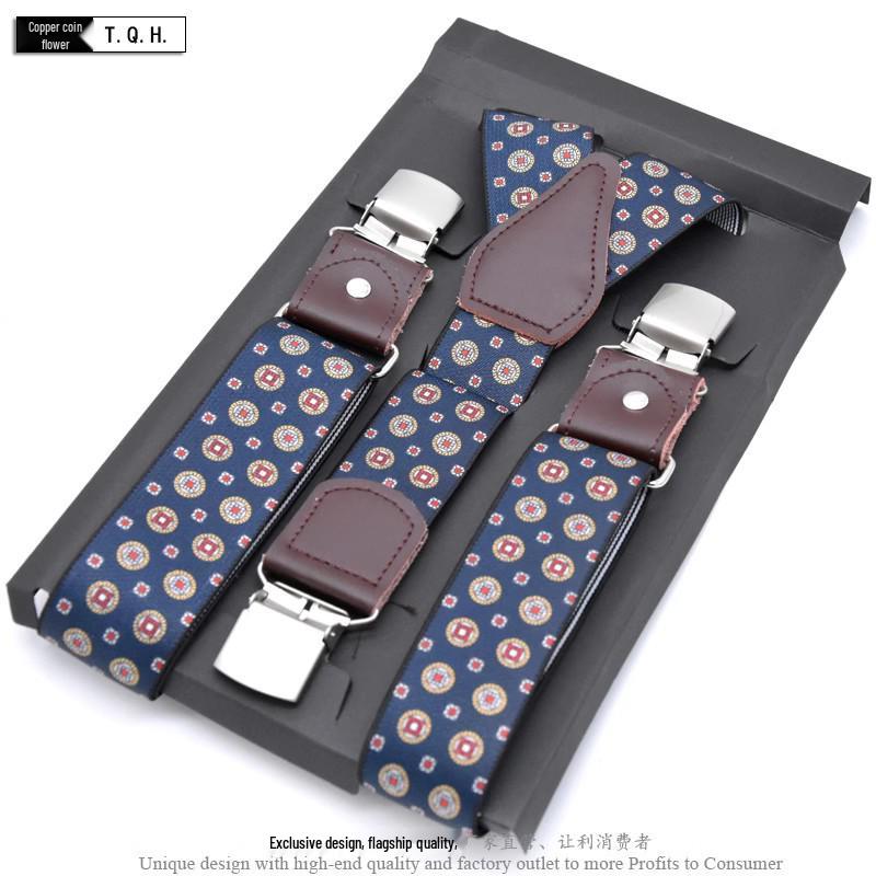 European-Style Plaid Suspenders with Leather Accents and Three-Clip Design