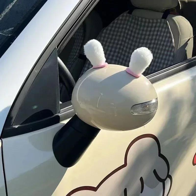 Creative Rearview Mirror with Cute Rabbit Ears, Car Interior Decoration, Plush Car Accessory for the Center Console