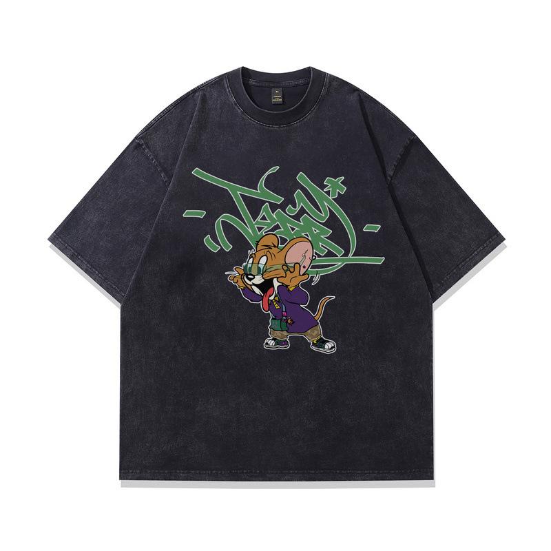 Heavy Cotton Washed Short-Sleeved T-Shirt American Retro Trendy Cartoon Printed Vintage Half-Sleeved Top