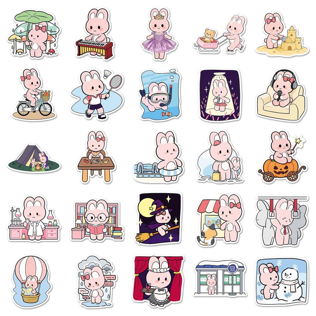 51 Cute Pink Rabbit Cartoon Stickers - Hand-Painted, Waterproof, Perfect for Laptops & Stationery