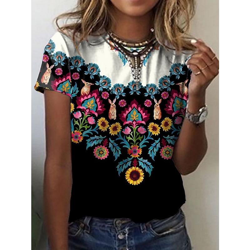 Summer Round Neck 3D Feather Animal Simplicity Print Top Fashionable Casual Short Sleeved Women's T-shirts