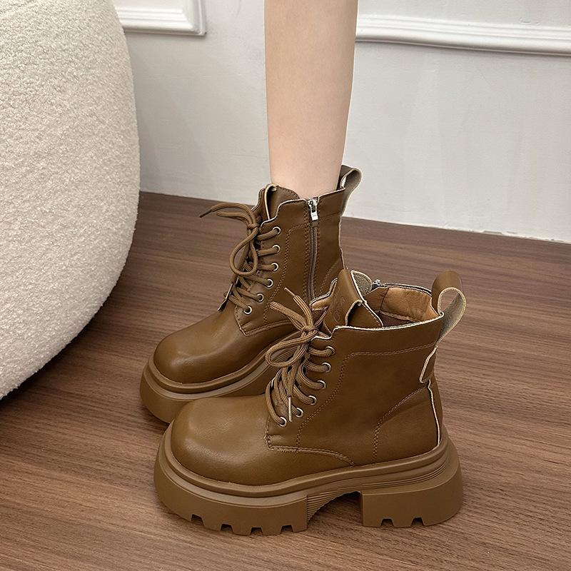 Thick-soled slim Maillard style short boots autumn new British style round head retro small Martin boots women