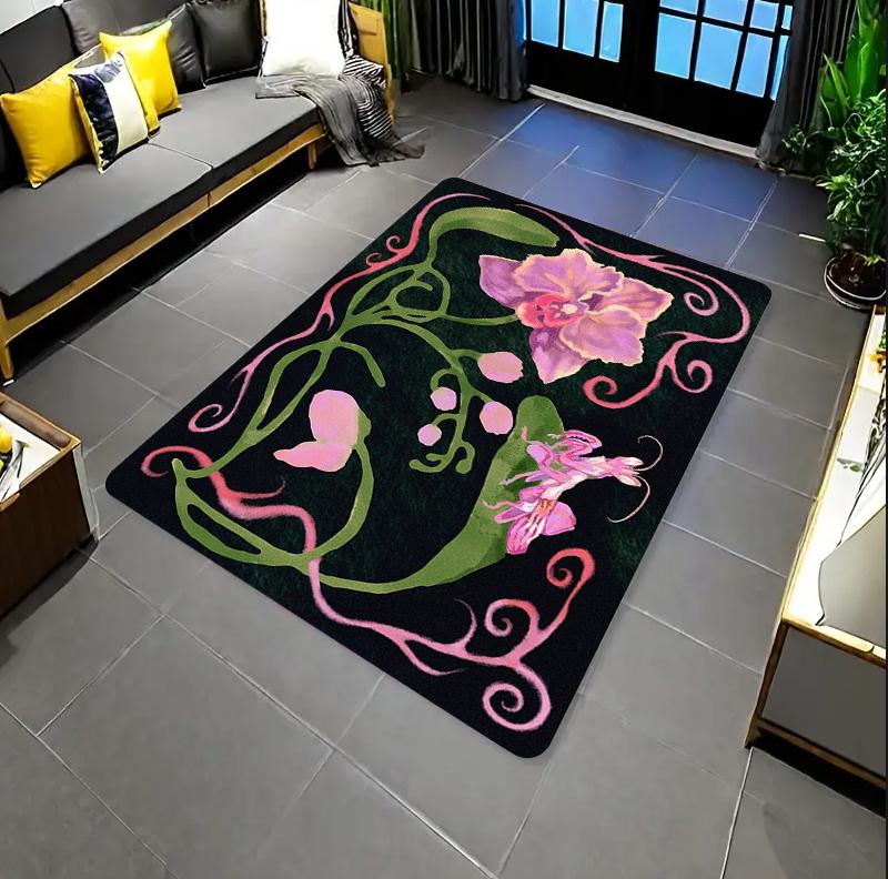 Boho Pink Orchid Area Rug Vintage Floral Botanical Print NonSlip Washable Floor Mat for Living Room Bedroom Home Decor