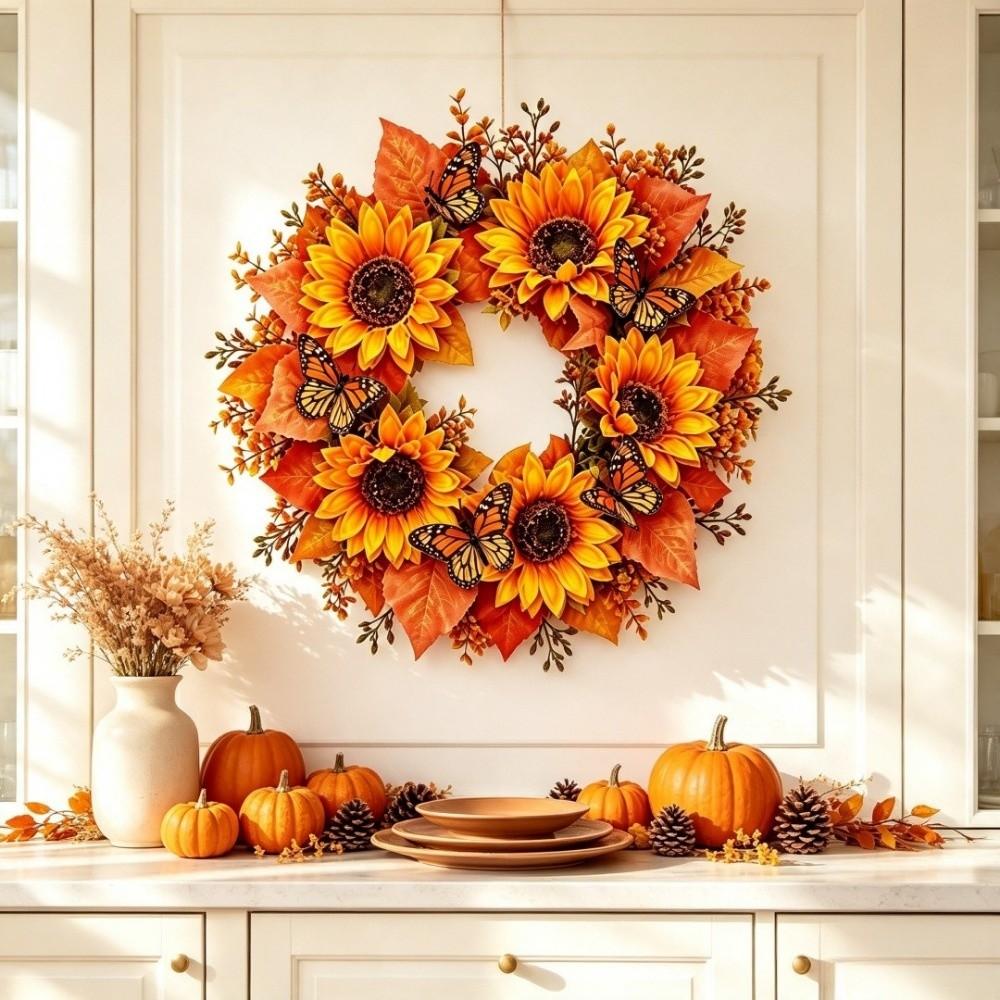 Simulated Floral Pumpkin Maple Leaf Wreath Thanksgiving Home Decor Artificial Sunflower Wreath Wall Hanging Rustic Style