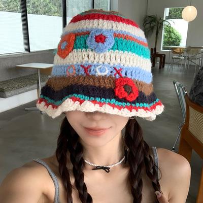 Colorful Flower Knitted Bucket Hat Female Sweet Cute Contrasting Color Pot Hat Versatile Face Small Wool Hat