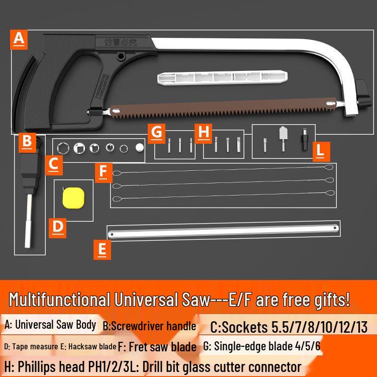 Universal Hacksaw Frame with Mini Fret and Jigsaw Blades for Woodworking and Household Use