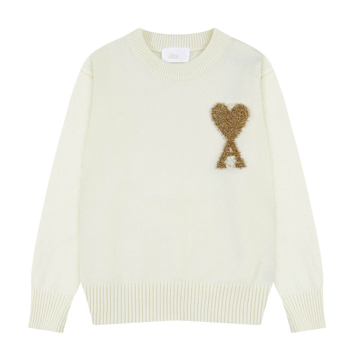 Unisex Cream Knit Sweater with Gold Heart & A Embroidery Crew Neck Casual Pullover S