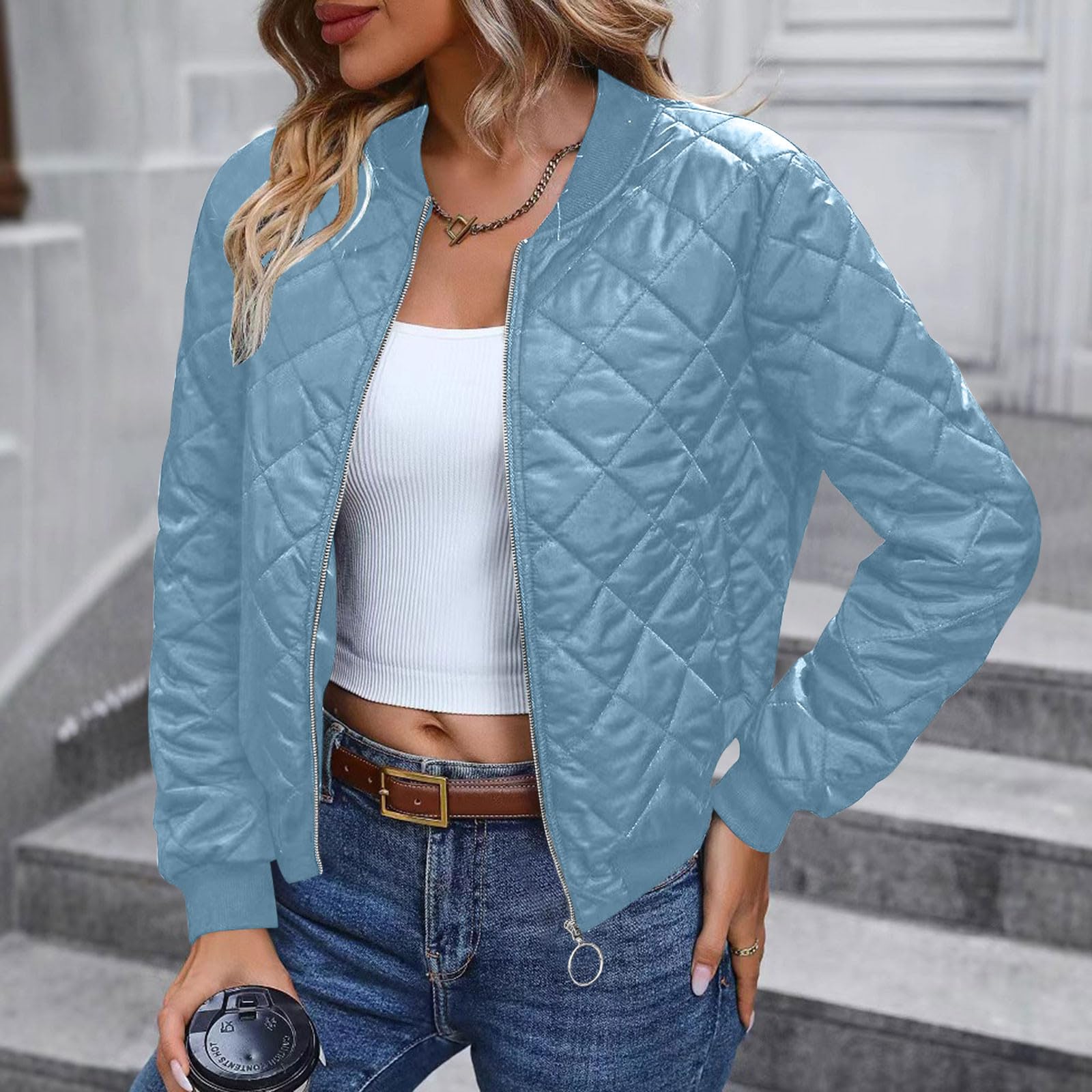 

Ladies Zipper Long Sleeve Stand Collar Check Slim Baseball Padded Top Blouse Jacket Coat L небесно-голубой
