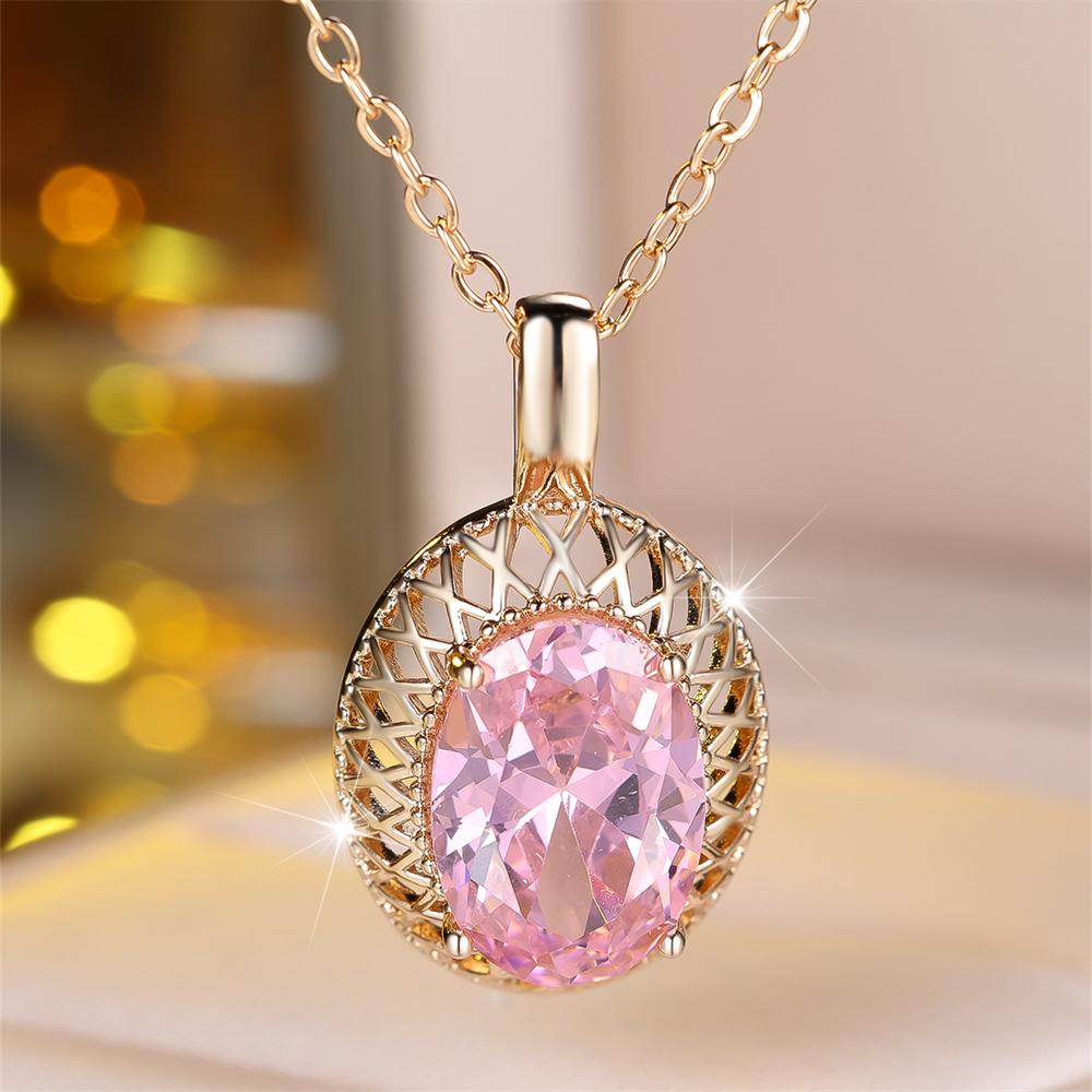 Big Oval Stone Pendant Elegant Pink Crystal Zircon Necklaces for Women Vintage Gold Color Chain Necklace Wedding Jewelry Gifts