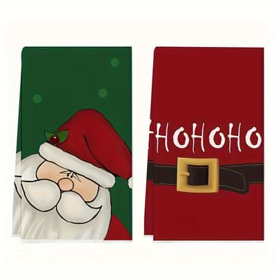 2-Pack Santa Claus Kitchen Towels, Festive Holiday Dishcloths, Absorbent Microfiber Hand Towels, Farmhouse Style, Rectangular